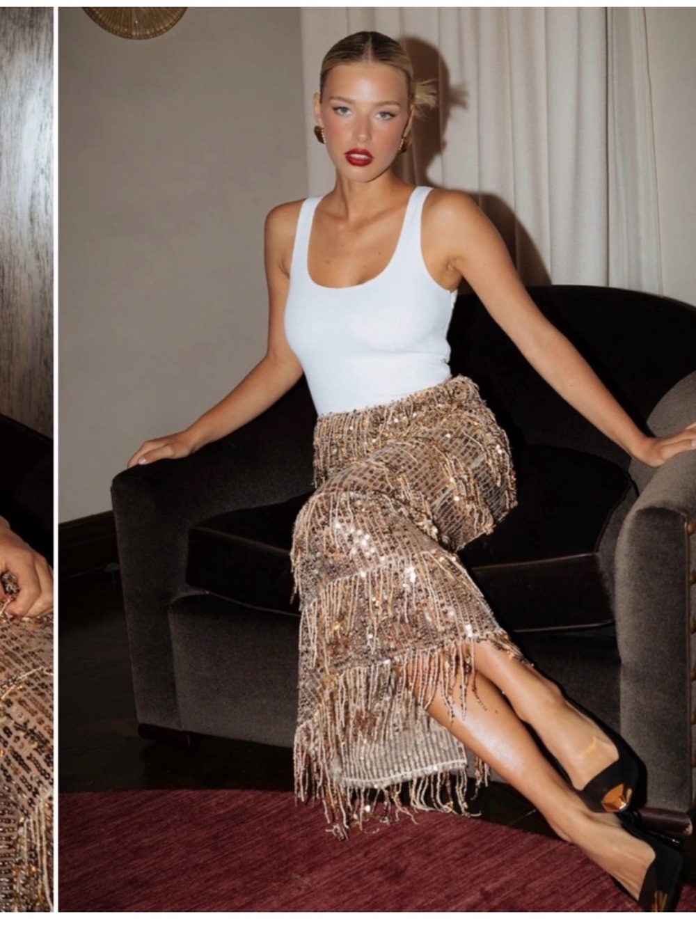 NWOT Show Me Your MuMu Sadie Champagne Sequin Fringe Maxi Dress New Years | XS
